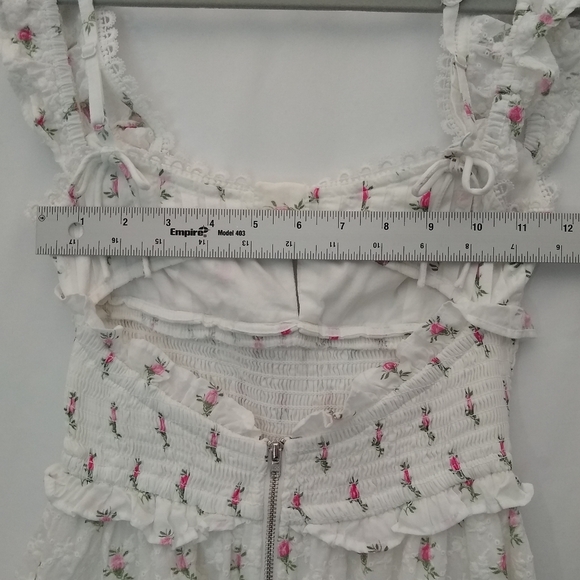 For Love And Lemons White With Delicate Pink Roses Smocked Mini Dress Sz XS - Picture 9 of 11